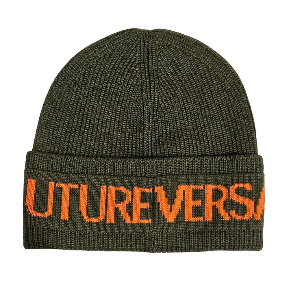 Versace Jeans Hat Beanie Dark Olive Orange Wool Blend Logo Designer